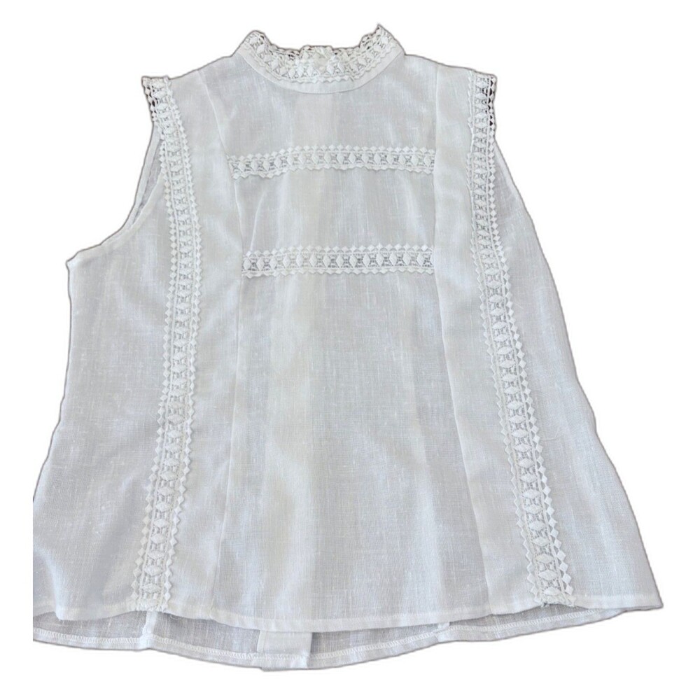 Vntg Lisa Evans White Linen Sleeveless Blouse Mock Neck Crochet Detail Size 14